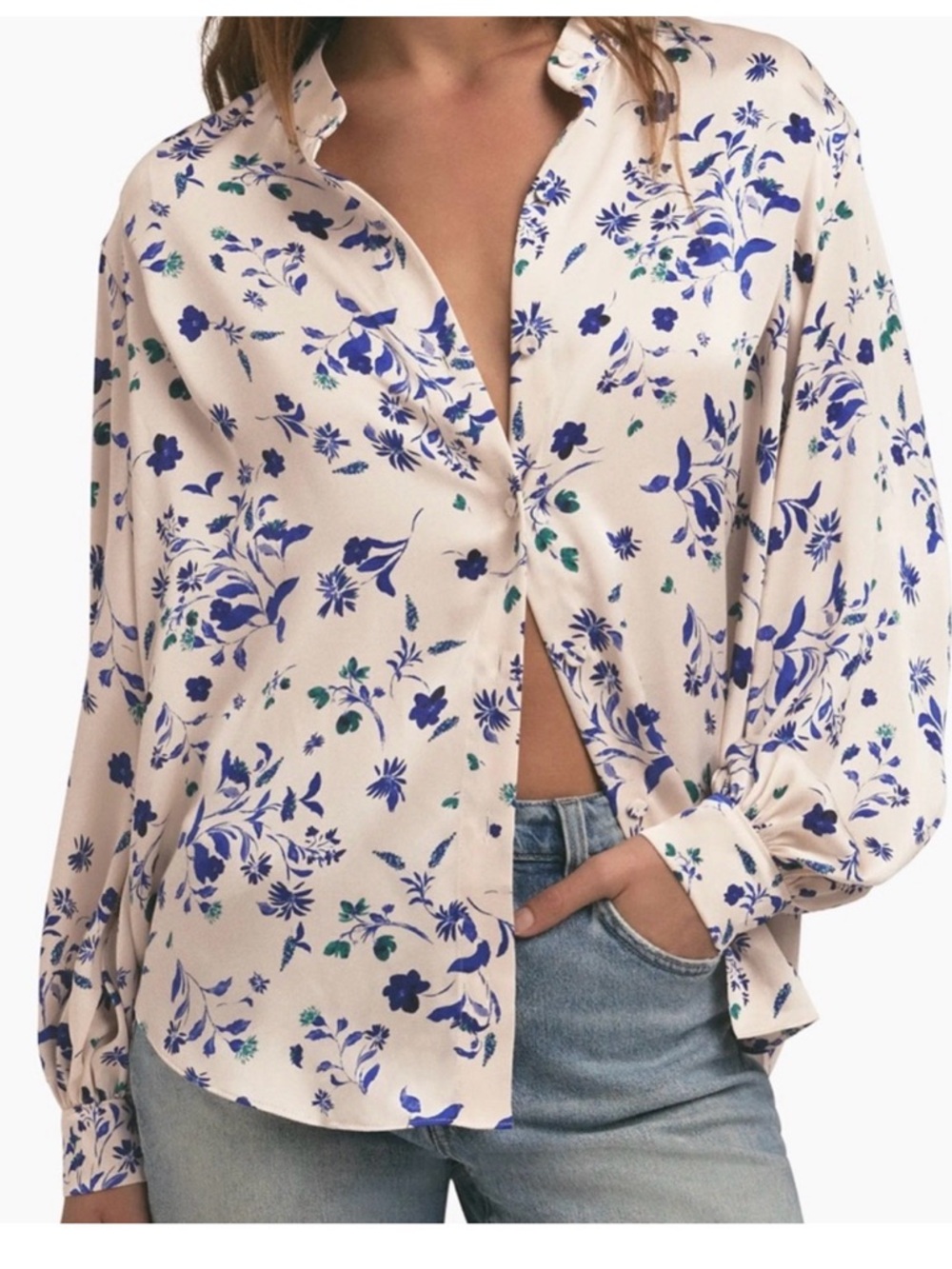Favorite Daughter Cream Blouse with Navy & Green Floral Print